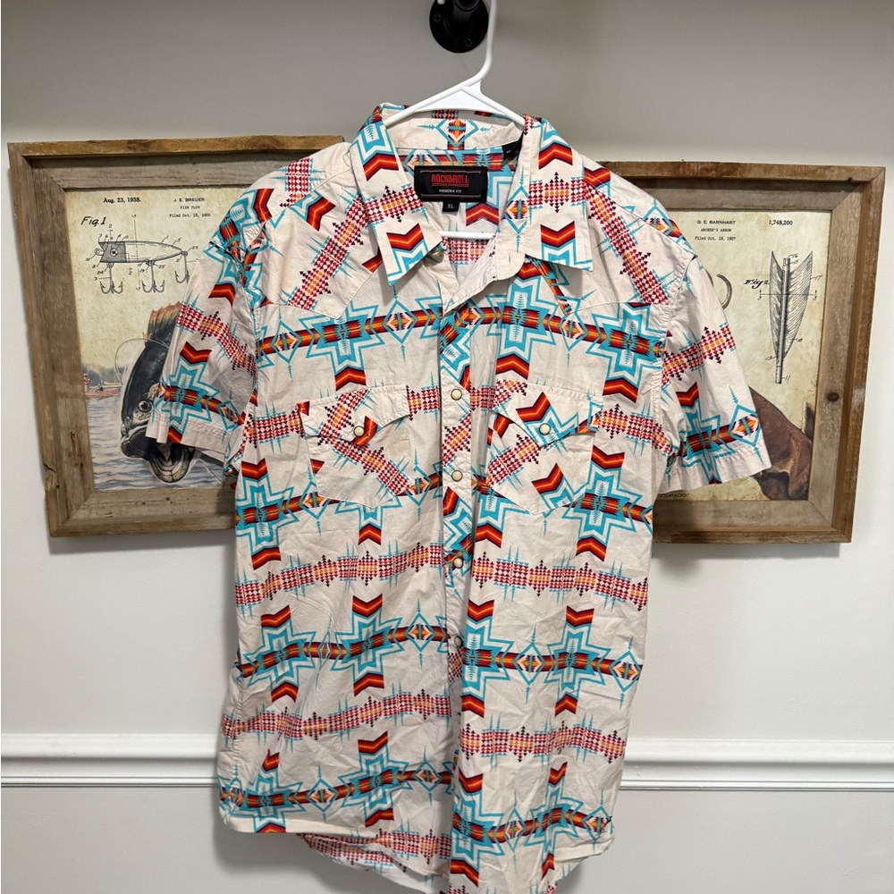 Rock&Roll Denim Men's Red and Blue Star Pattern Shirt
